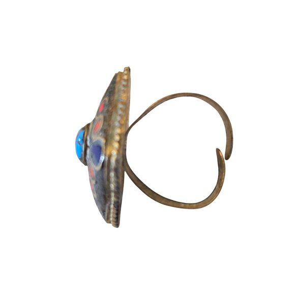 Vintage Turquoise Chip Inlay Statement Ring Mosaic Blue Red Adjustable Brass - Picture 3 of 4